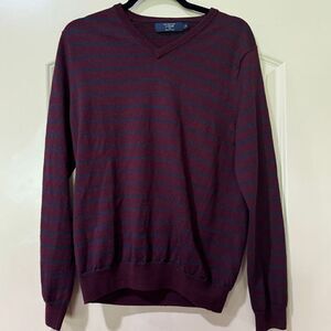 J. CREW V-Neck 100% Merino Wool Sweater Maroon Blue Striped Mens Size Medium